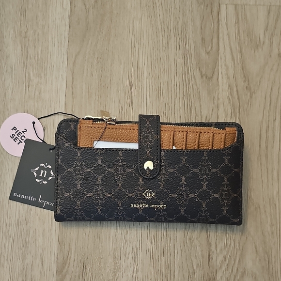 NWT Nanette Lepore Lillith Card Case Organizer 2 Piece Set Chocolate/Vachetta - Picture 1 of 13